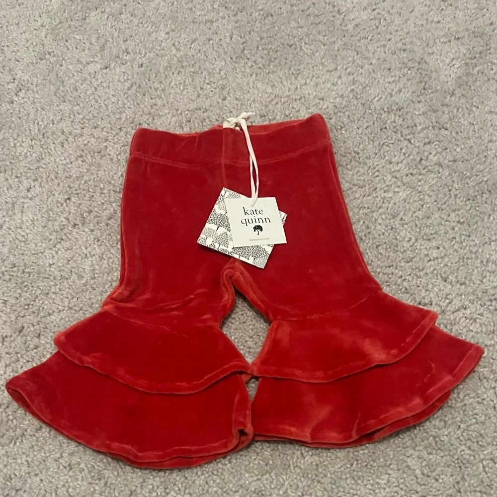 Kate Quinn Anne Pant Cardinal Red Velour Double Ruffle Bell Bottoms | 3–6m NWT - Picture 1 of 4